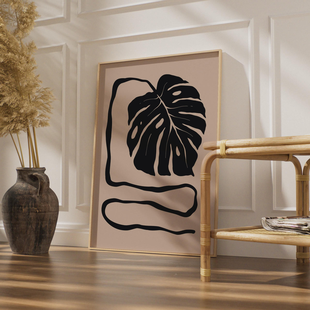 Botanical Monstera Leaf Print, Minimalist Black Beige Wall Art wall art print