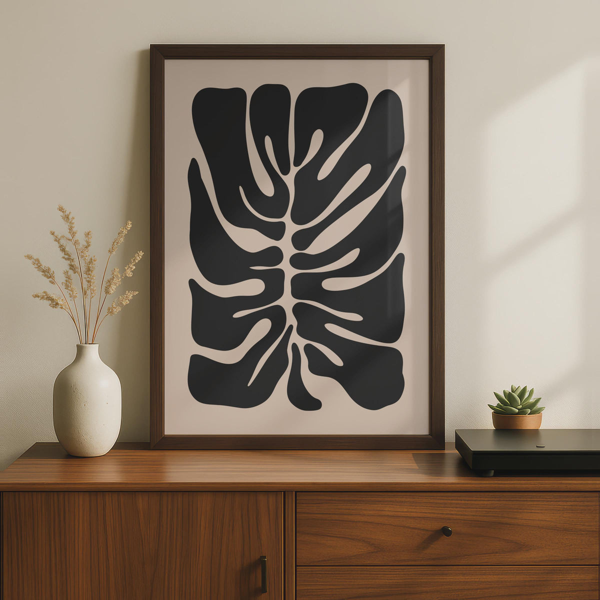 Abstract Monstera Leaf Art Print, Botanical Wall Decor, Black and Beige Tropical Poster wall art print