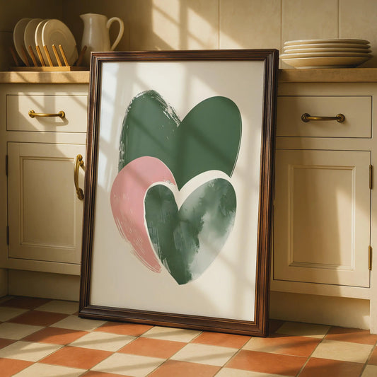 Boho Heart Wall Art, Abstract Modern Poster, Green and Pink Hearts, Minimalist Home Decor wall art print