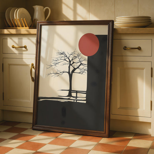 Minimalist Boho Tree Art Print, Abstract Nature Poster, Black Red Sun Wall Art wall art print