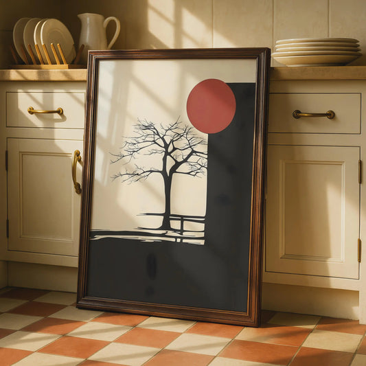 Minimalist Boho Tree Art Print, Abstract Nature Poster, Black Red Sun Wall Art wall art print