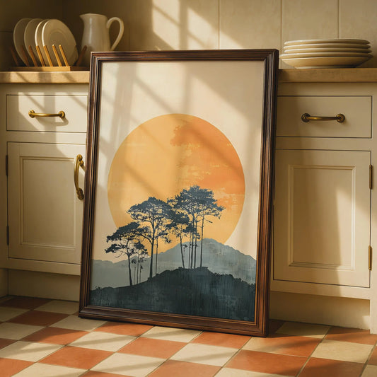 Minimalist Sun Trees Landscape Print, Boho Nature Wall Art wall art print