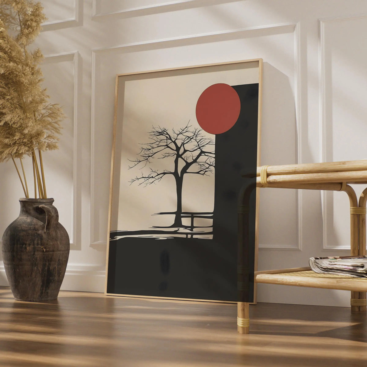 Minimalist Boho Tree Art Print, Abstract Nature Poster, Black Red Sun Wall Art wall art print