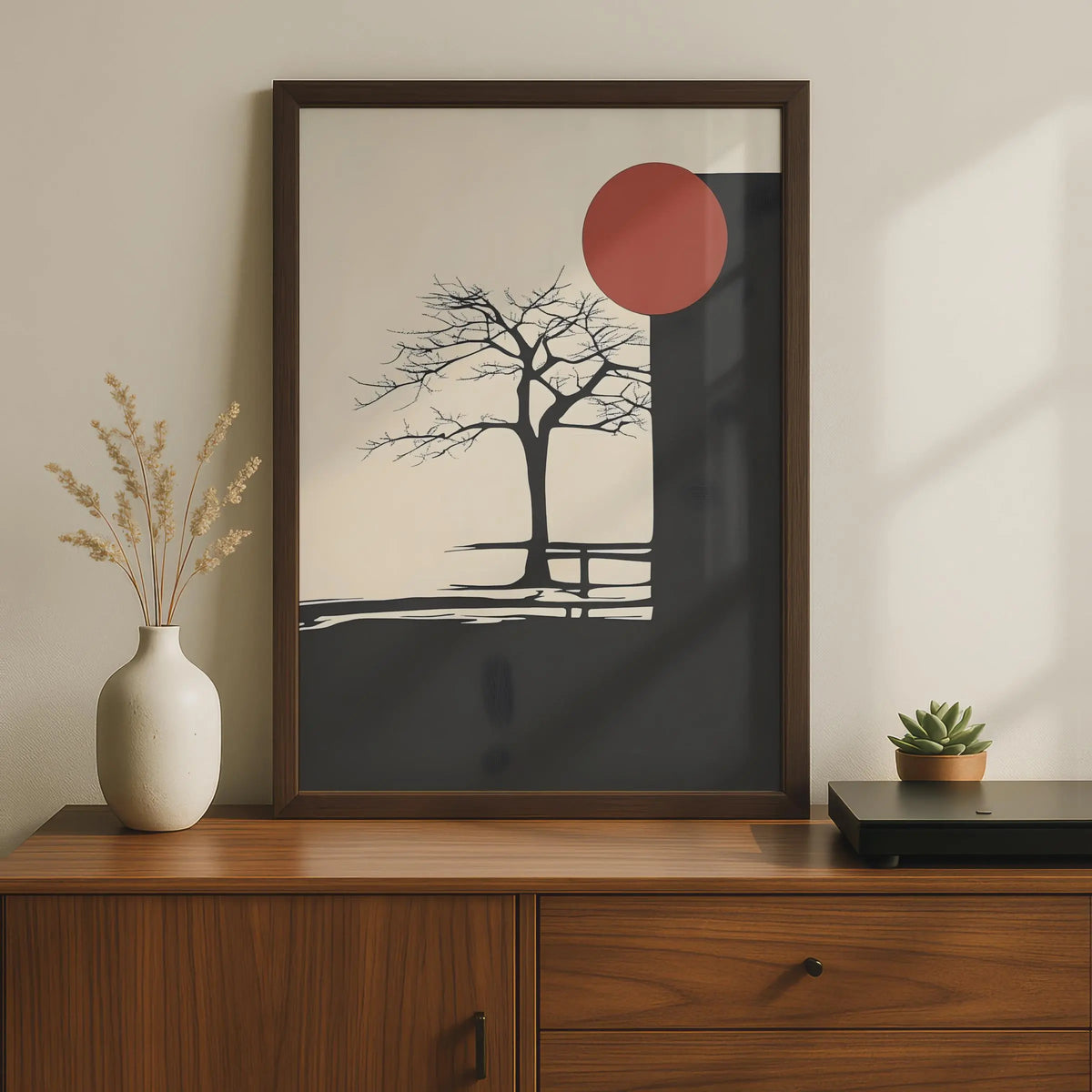 Minimalist Boho Tree Art Print, Abstract Nature Poster, Black Red Sun Wall Art wall art print