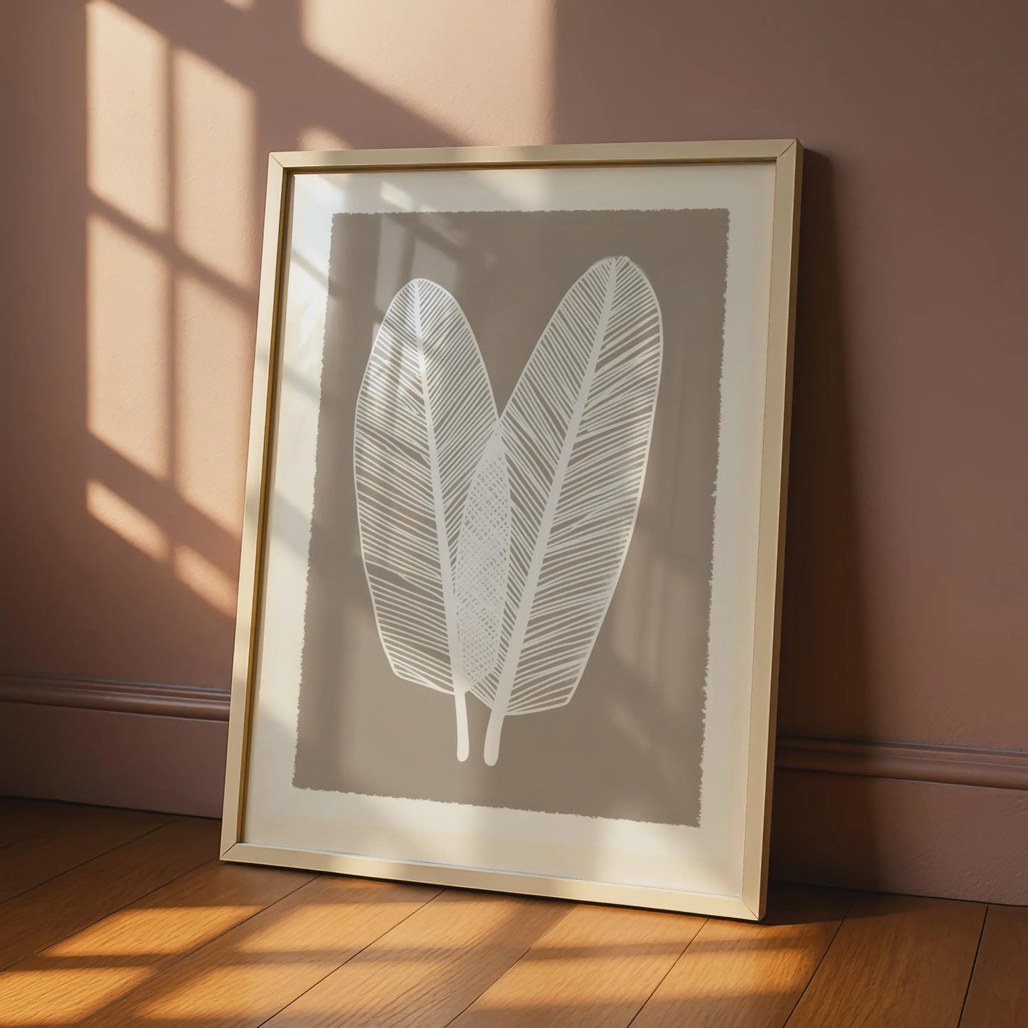 Boho Leaf Wall Art, Minimalist Nature Poster, White Feather Leaves, Earthy Brown Decor, Gallery wall art print