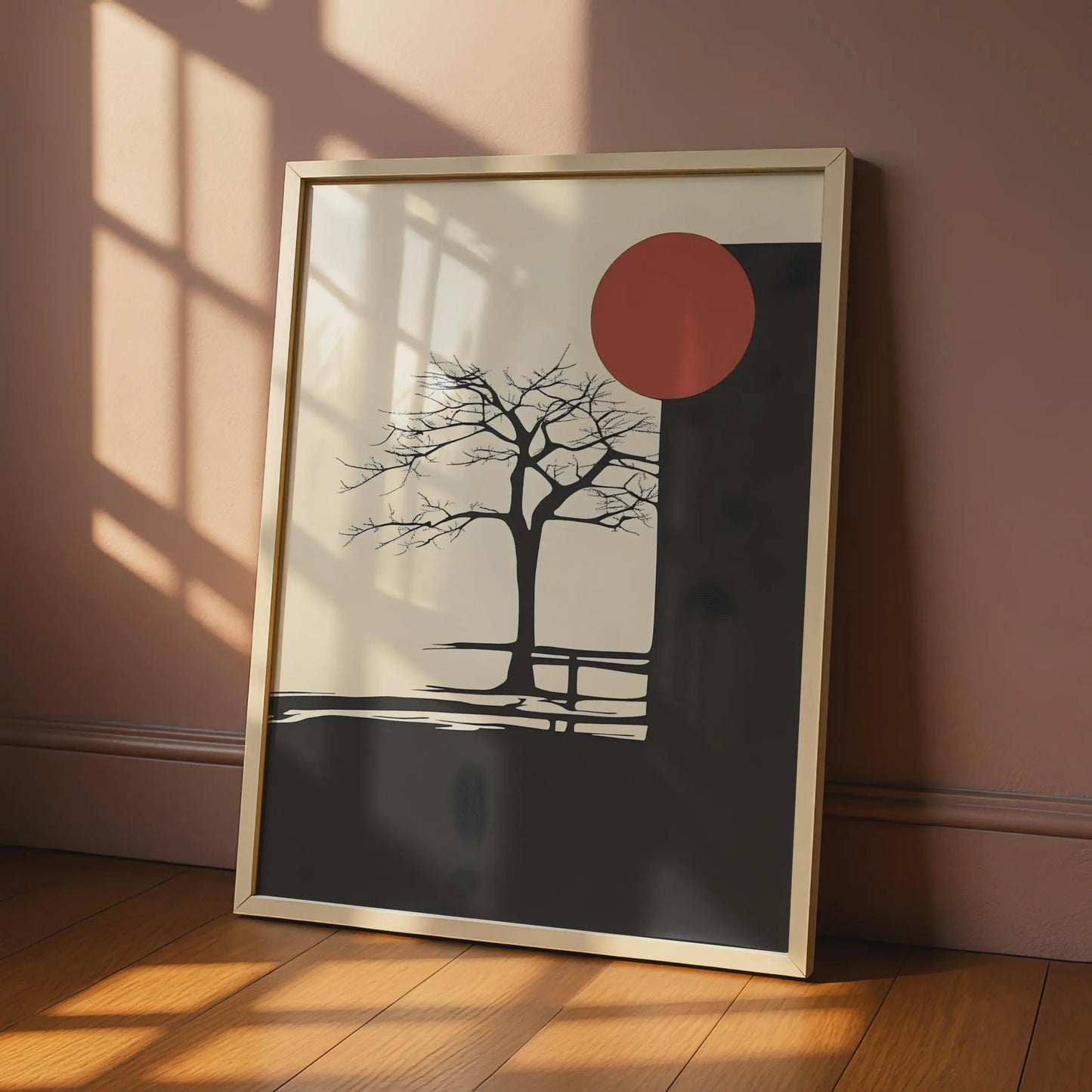 Minimalist Boho Tree Art Print, Abstract Nature Poster, Black Red Sun Wall Art wall art print