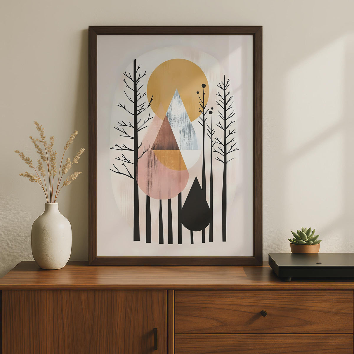 Boho Abstract Forest Art Print, Geometric Mountain Poster, Minimalist Wall Decor, Nature Inspired wall art print