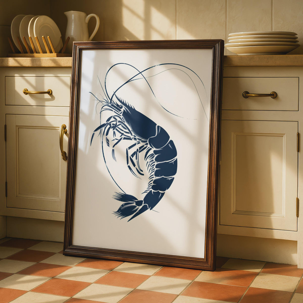 Navy Blue Prawn Art Print, Minimalist Coastal Sea Life Poster wall art print