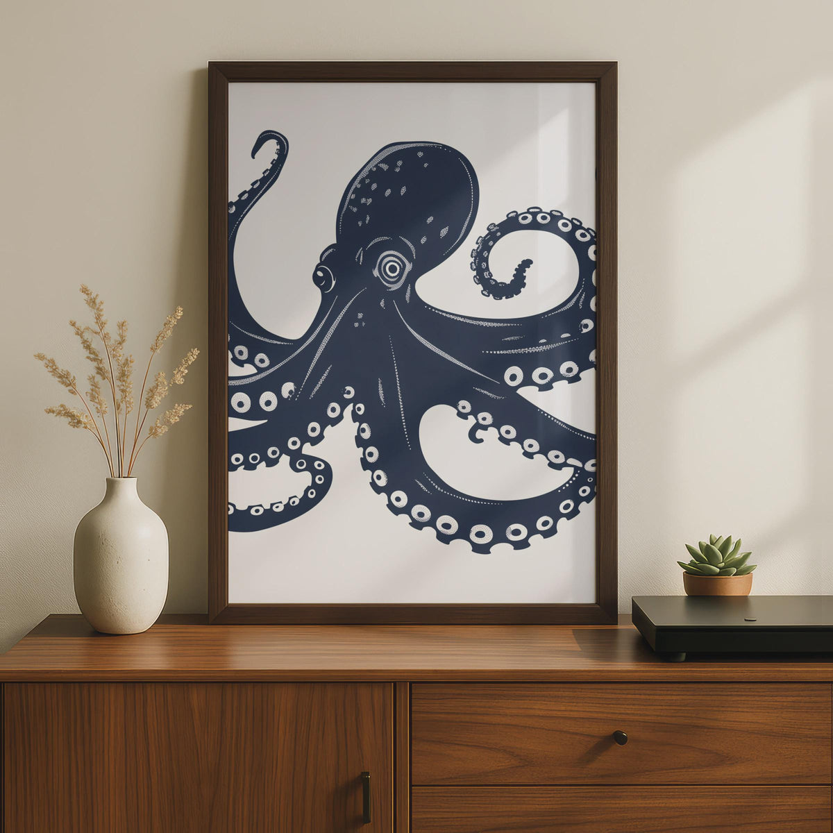 Octopus Poster, Navy Blue Nautical Wall Art, Sea Creature Print, Ocean Animal Decor wall art print