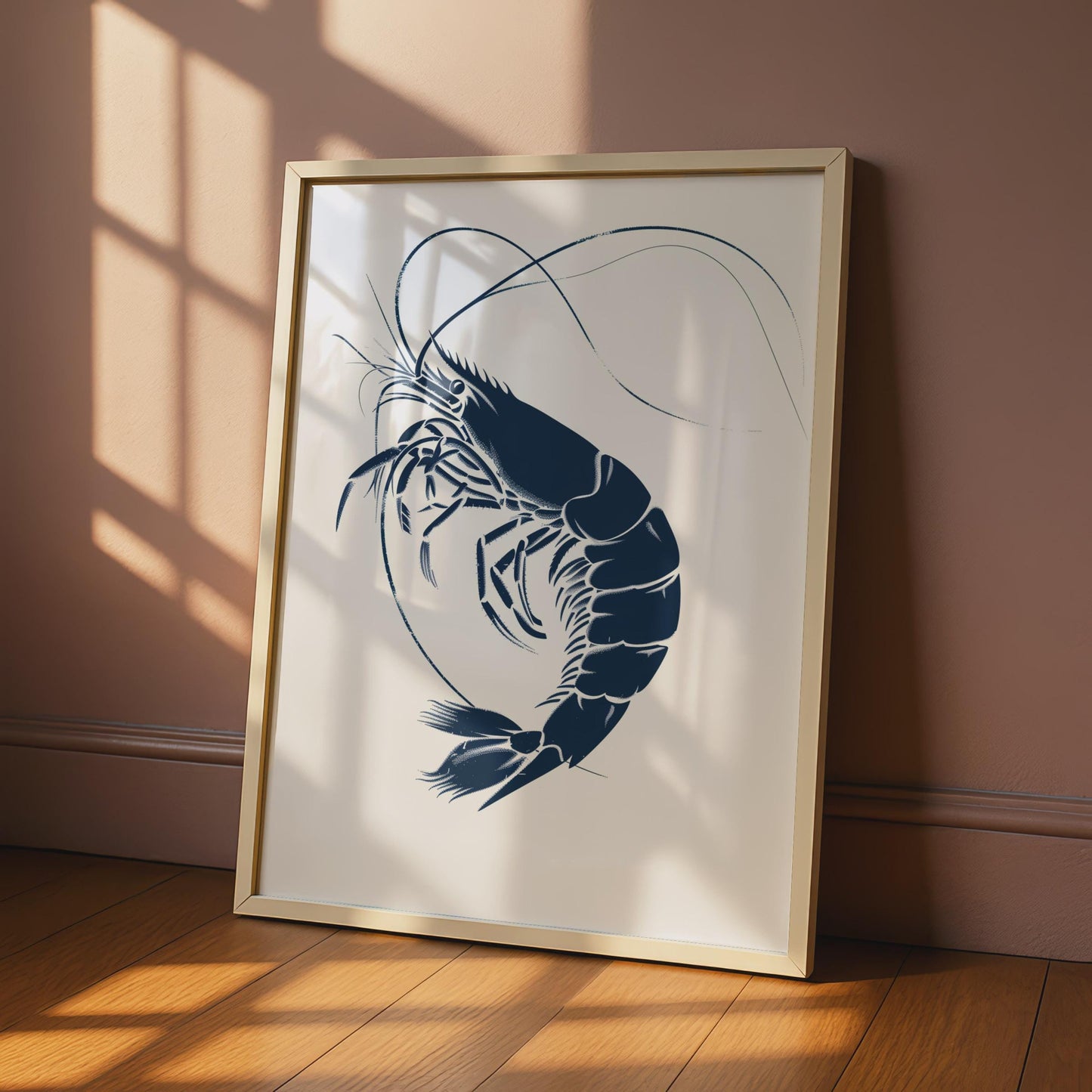 Navy Blue Prawn Art Print, Minimalist Coastal Sea Life Poster wall art print