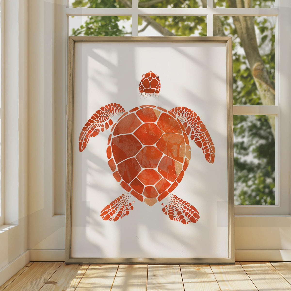 Sea Turtle Poster, Red Orange Animal Print, Minimalist Ocean Wall Art, Coastal Decor wall art print