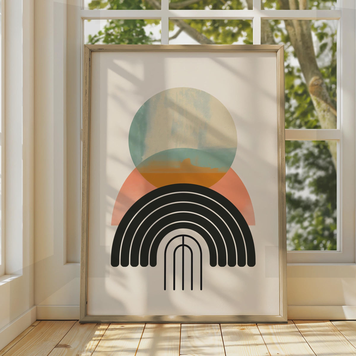 Boho Abstract Print, Geometric Rainbow Arch Poster, Terracotta Teal Wall Art, Mid Century wall art print