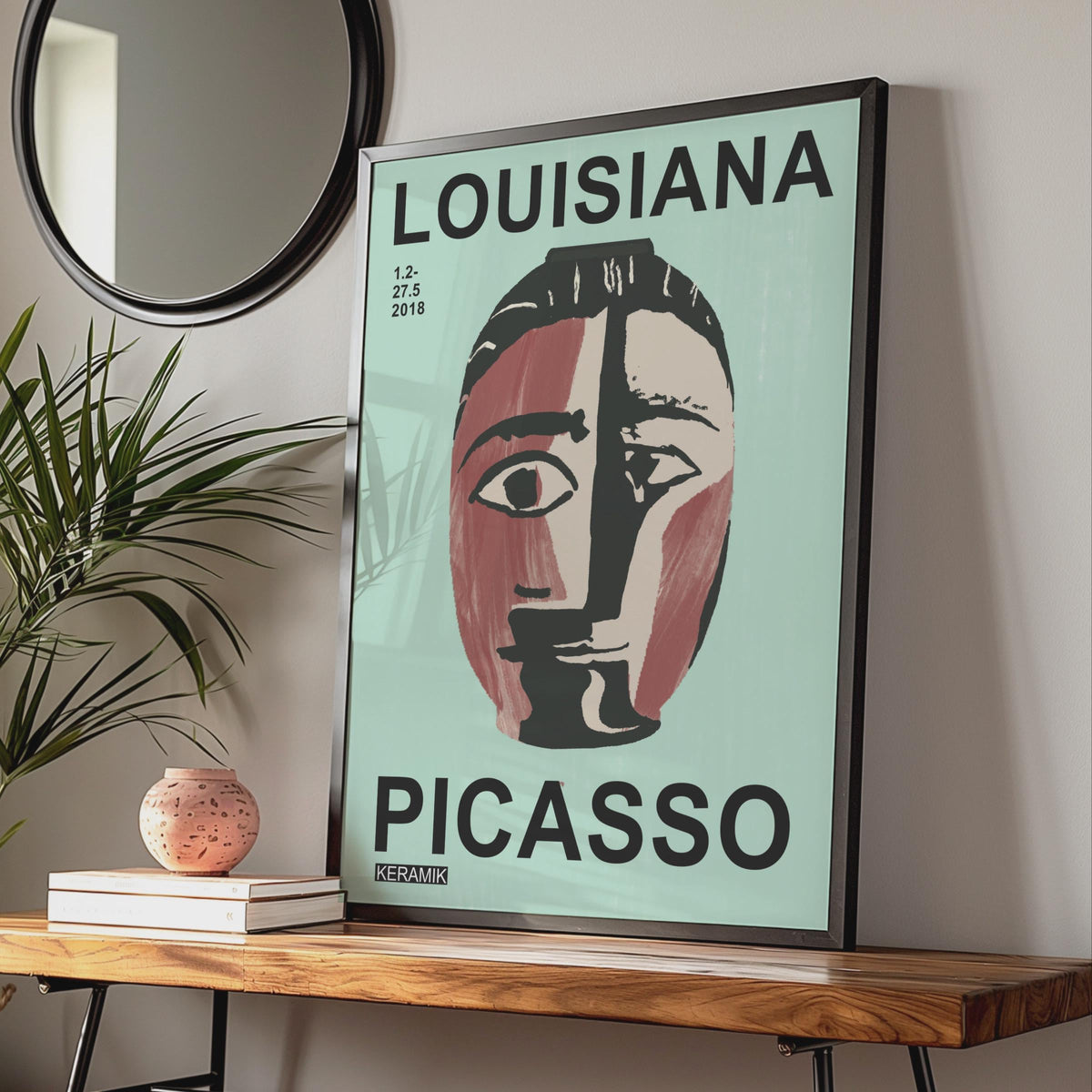 Cubist Face Vase Poster, Sage Blue Ceramic Wall Art, Modern Abstract Print