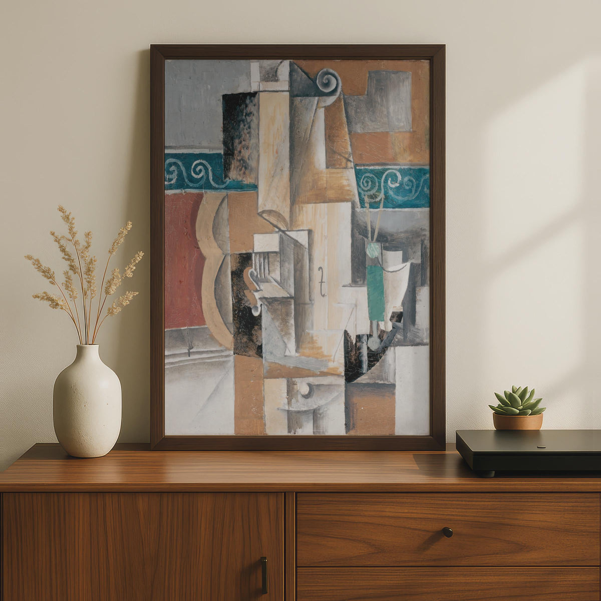 Cubist Violin Art Print, Abstract Music Poster, Beige Teal Brown Decor wall art print