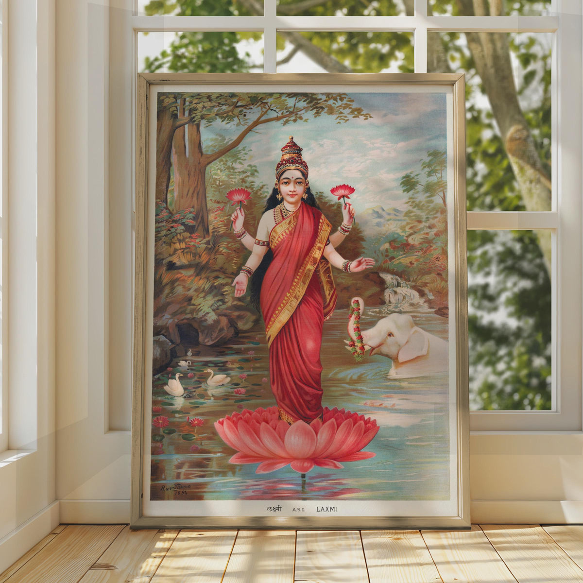 Lakshmi Hindu Goddess Poster, Vintage Raja Ravi Varma 1894 Art Print, Lotus Wall Art wall art print