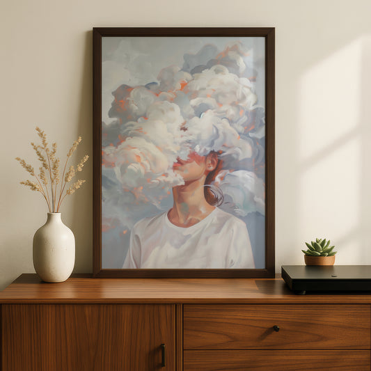 Head in the Clouds Surreal Portrait Poster, Abstract Cloud Wall Art, Dreamy Painted Art Print — styling mockup 2