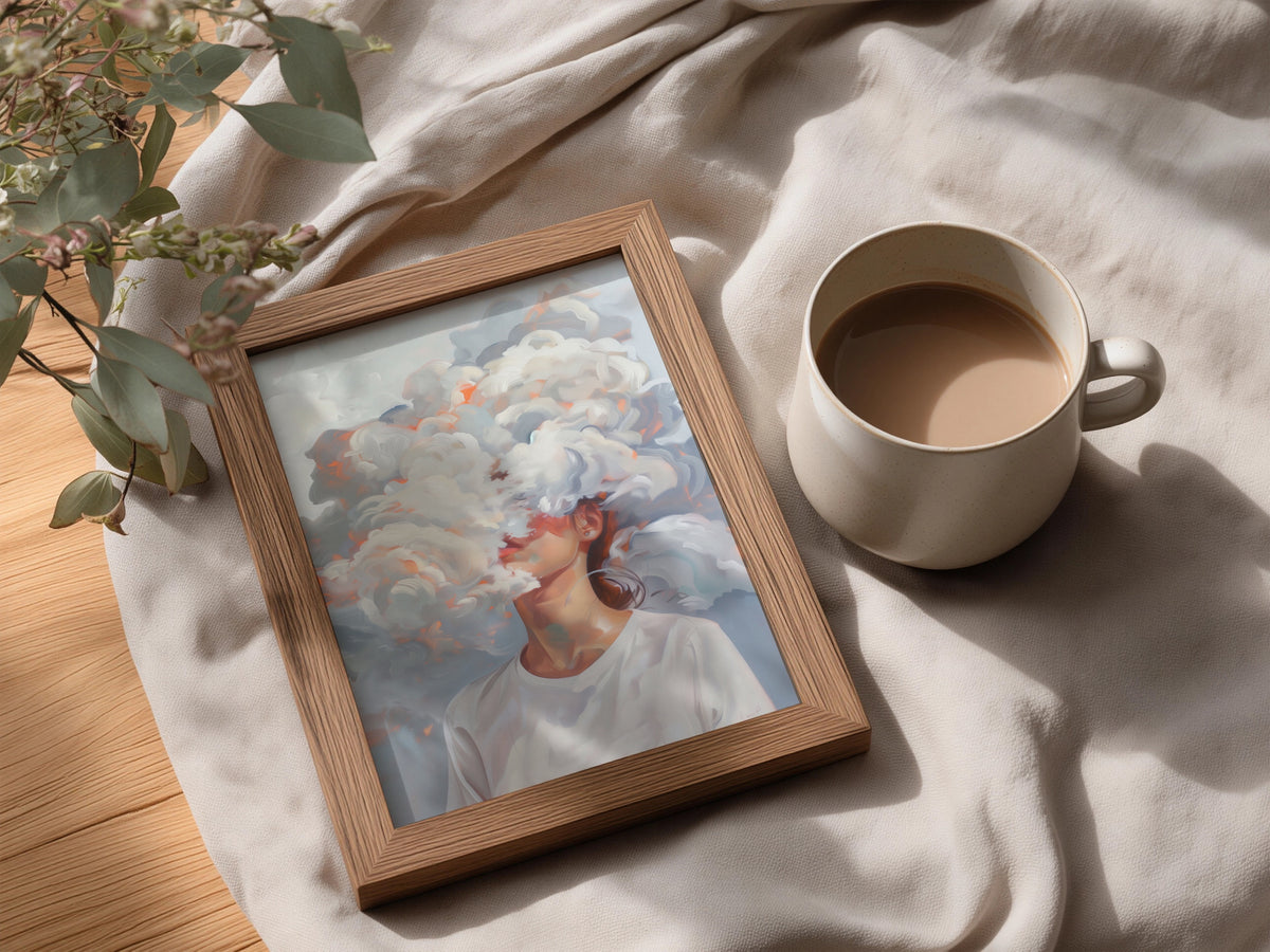 Head in the Clouds Surreal Portrait Poster, Abstract Cloud Wall Art, Dreamy Painted Art Print — styling mockup 3