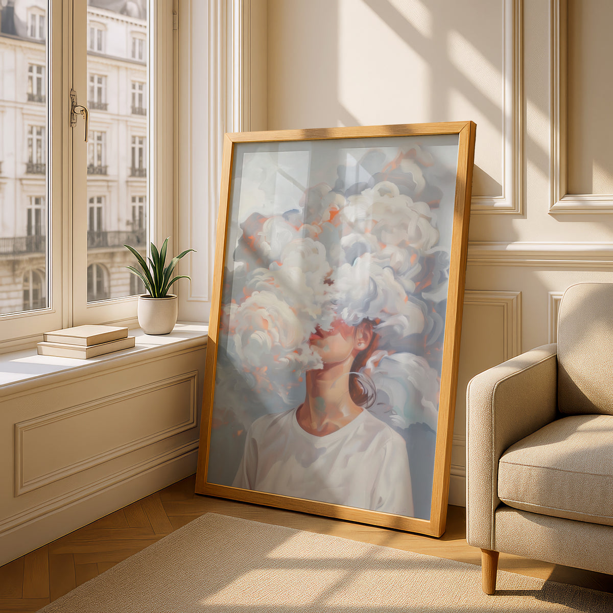 Head in the Clouds Surreal Portrait Poster, Abstract Cloud Wall Art, Dreamy Painted Art Print — styling mockup 4