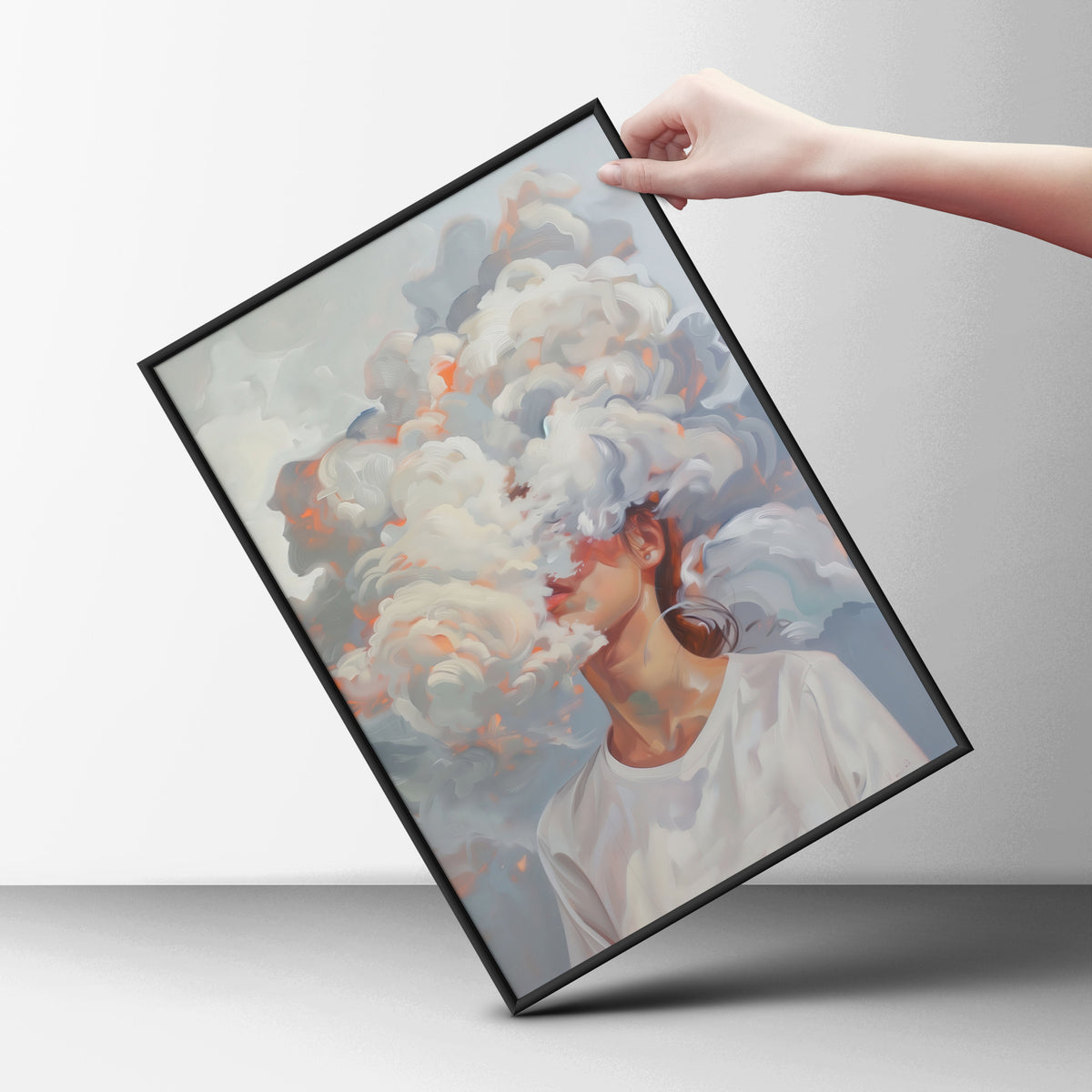 Head in the Clouds Surreal Portrait Poster, Abstract Cloud Wall Art, Dreamy Painted Art Print — styling mockup 6