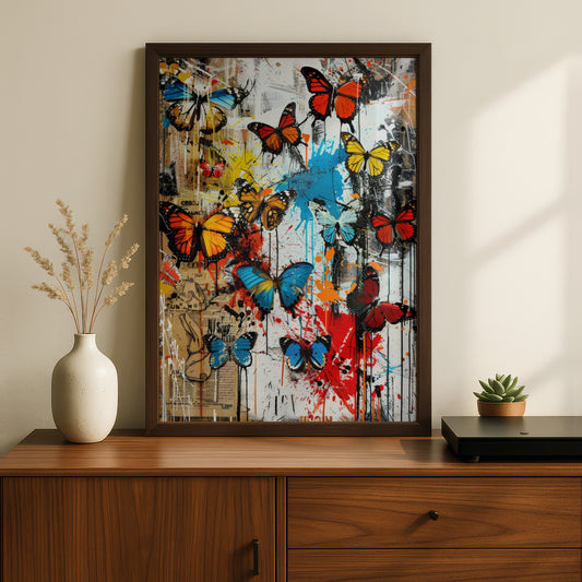 Colourful Butterfly Graffiti Poster, Street Art Wall Art Print, Urban Collage Paint Splatter Decor — styling mockup 2