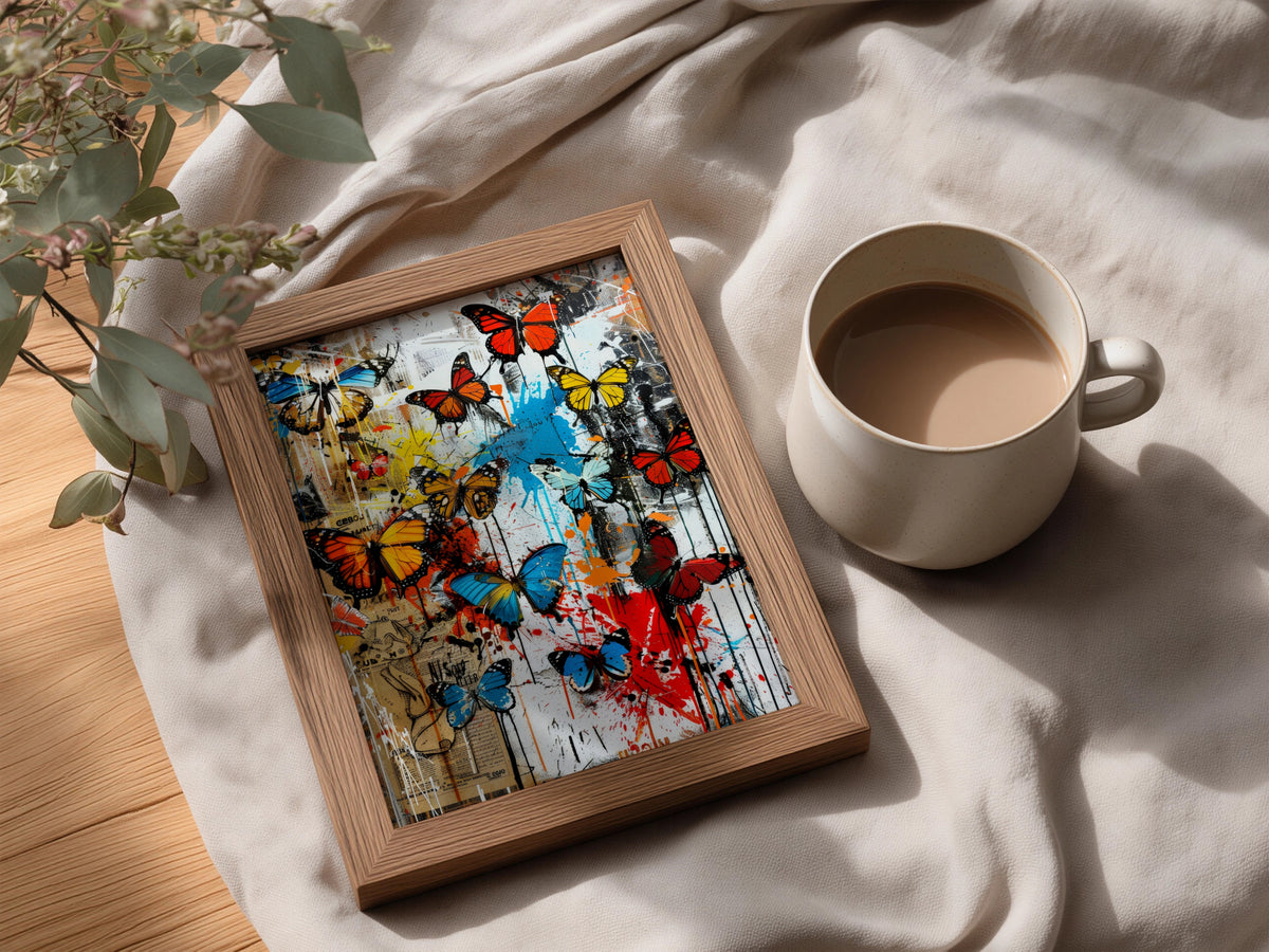 Colourful Butterfly Graffiti Poster, Street Art Wall Art Print, Urban Collage Paint Splatter Decor — styling mockup 3
