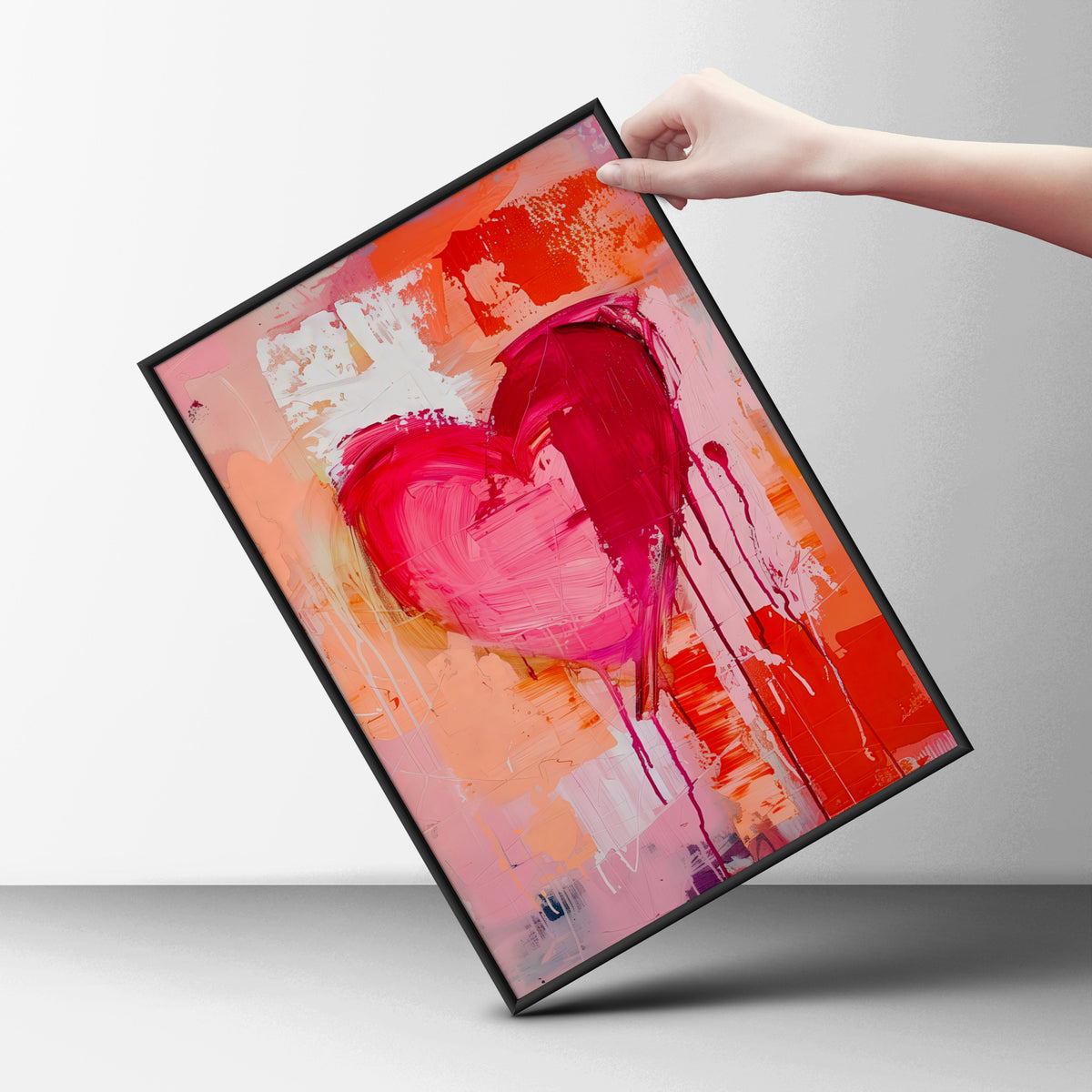 Pink Heart Abstract Wall Art Poster, Expressive Paint Drips Art Print, Colourful Living Room Decor — styling mockup 6