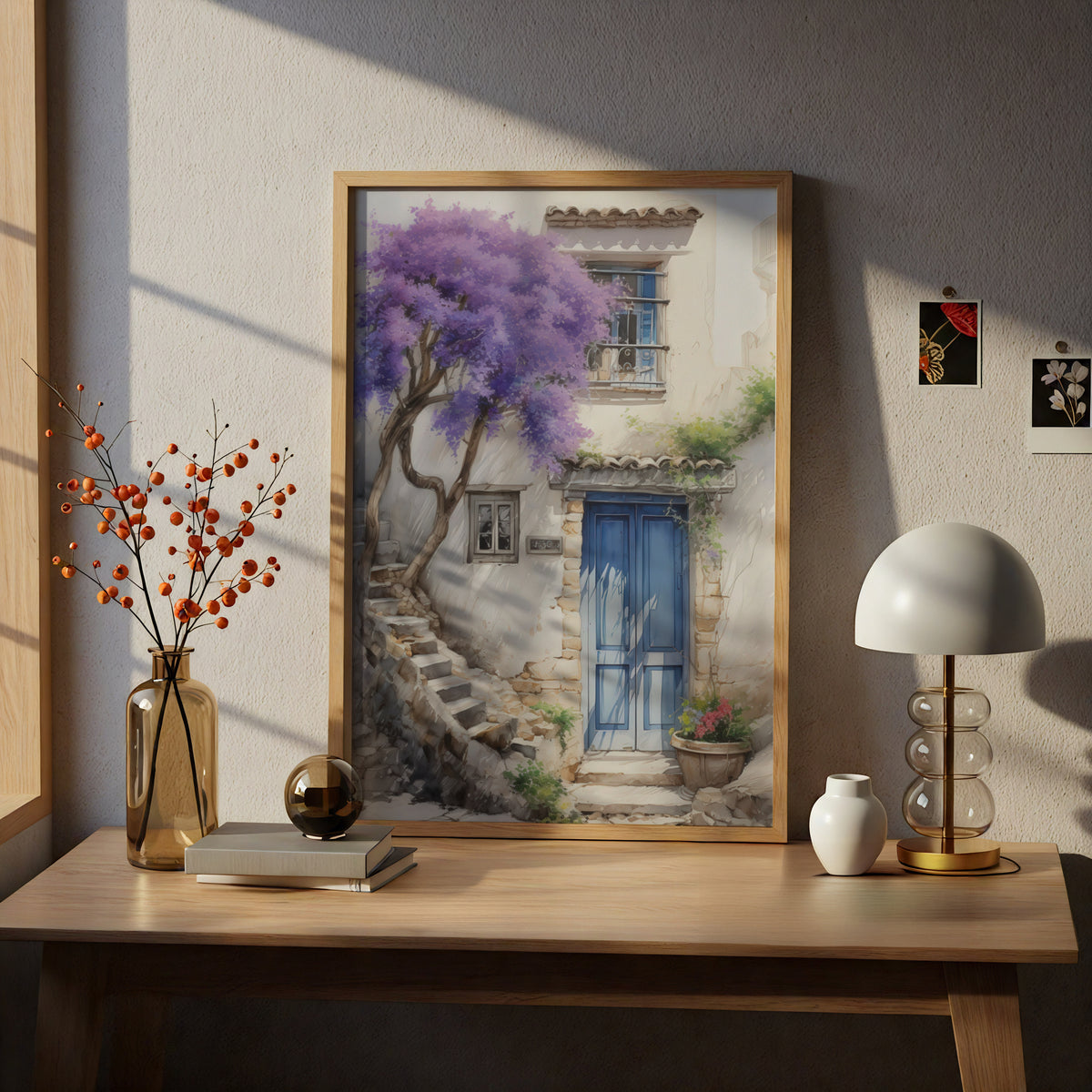 Mediterranean Blue Door Watercolour Poster, Purple Blossom Tree Wall Art Print, Whitewashed Cottage — styling mockup 5