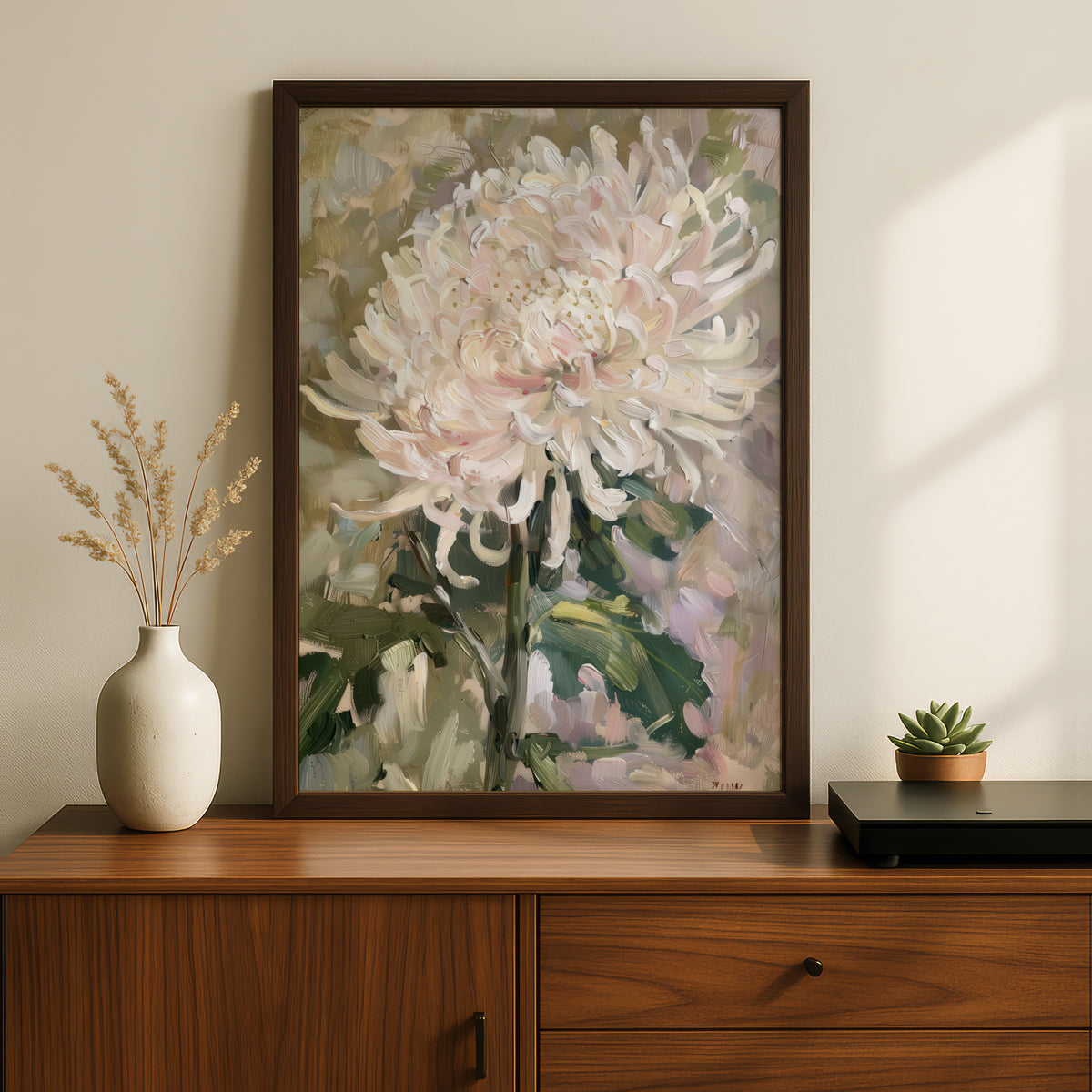 Pale Pink Chrysanthemum Poster, Floral Oil Painting Wall Art Print, Botanical Art for Living Room — styling mockup 2