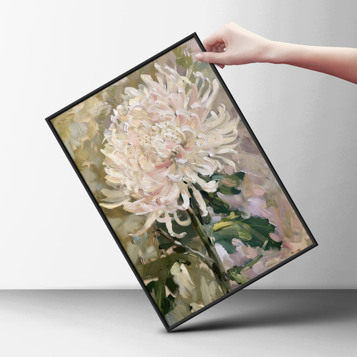 Pale Pink Chrysanthemum Poster, Floral Oil Painting Wall Art Print, Botanical Art for Living Room — styling mockup 6