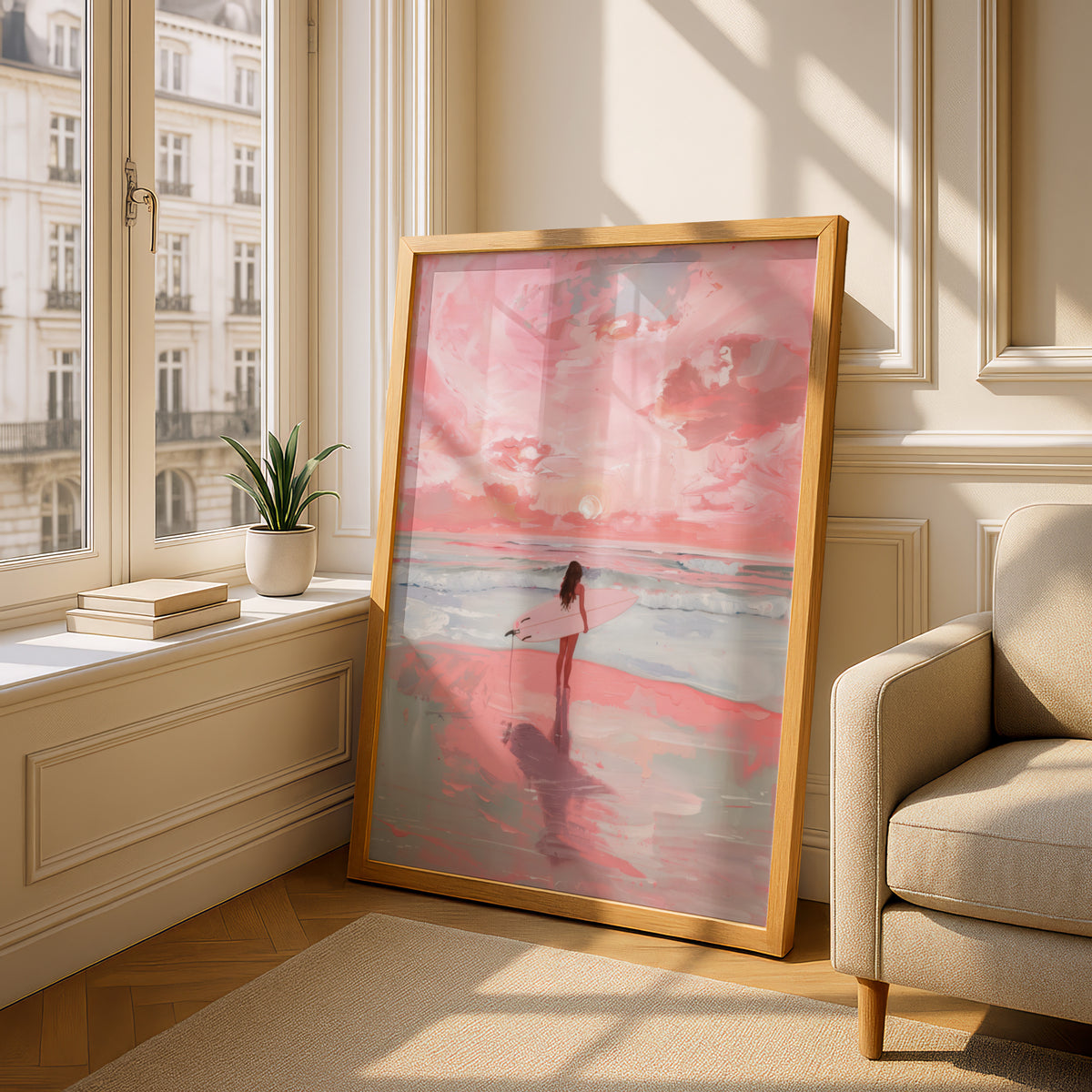 Pink Surfer Girl Beach Poster, Coastal Wall Art, Sunset Ocean Art Print, Bedroom Living Room Decor — styling mockup 4