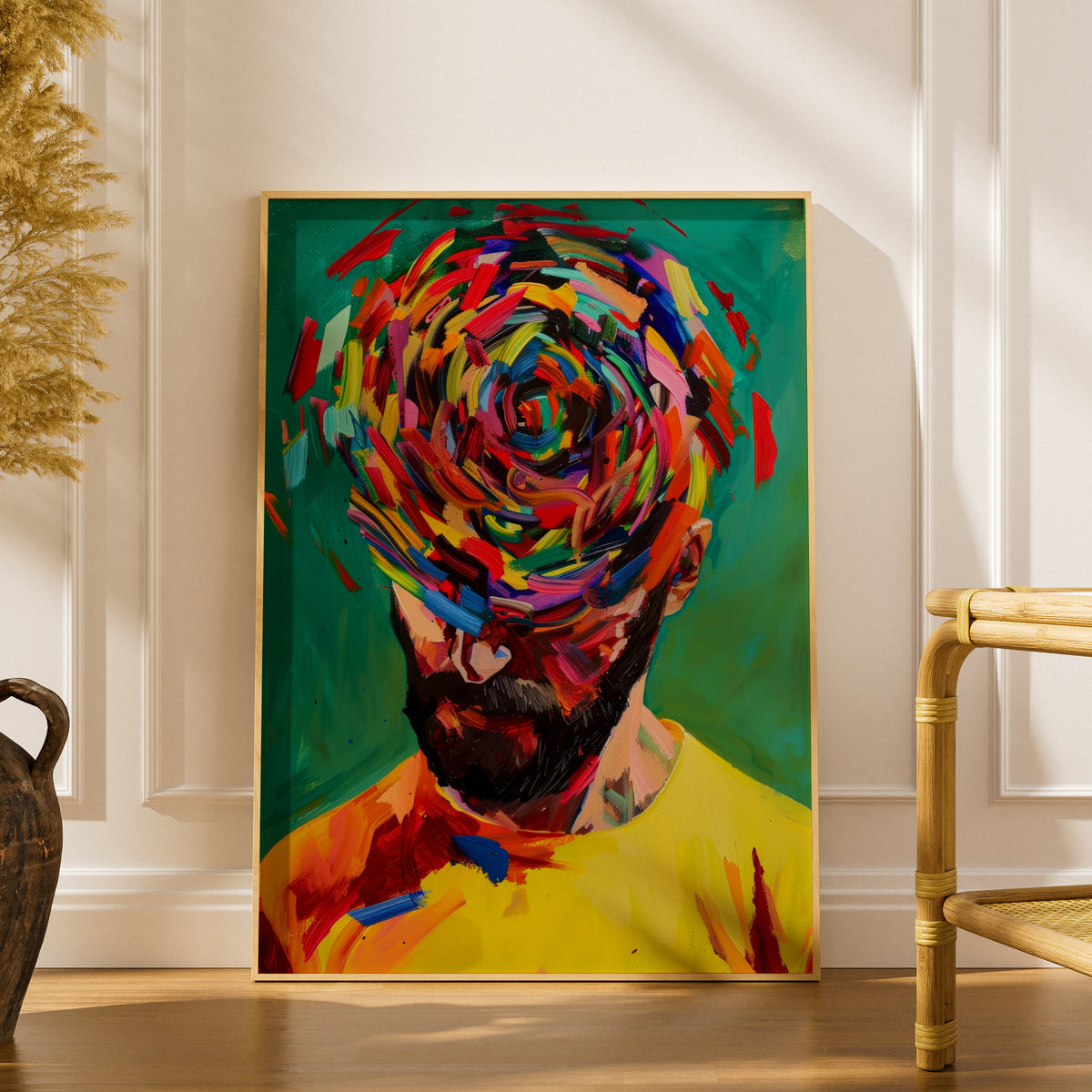 Abstract Portrait Poster, Colourful Expressionist Wall Art, Bearded Man Art Print for Living Room — styling mockup 1