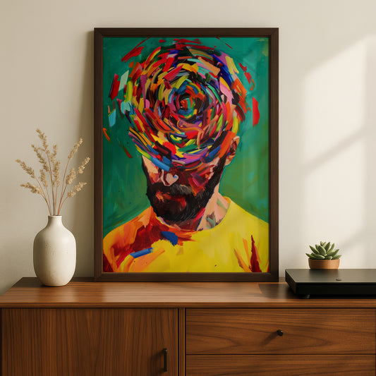 Abstract Portrait Poster, Colourful Expressionist Wall Art, Bearded Man Art Print for Living Room — styling mockup 2