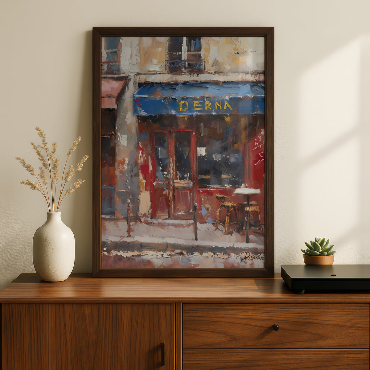 Parisian Cafe Street Scene Poster, Oil Painting Wall Art, Blue Awning Art Print, Living Room Decor — styling mockup 2