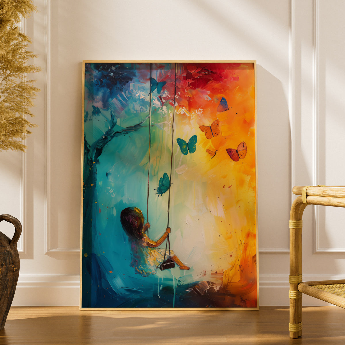 Girl on Swing Butterfly Painting Poster, Colourful Wall Art Print, Nursery & Bedroom Decor — styling mockup 1