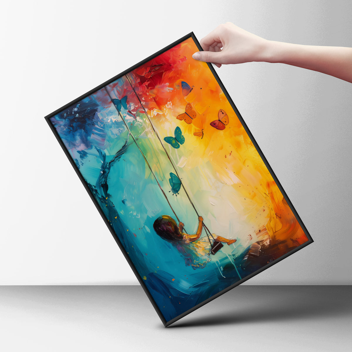 Girl on Swing Butterfly Painting Poster, Colourful Wall Art Print, Nursery & Bedroom Decor — styling mockup 6