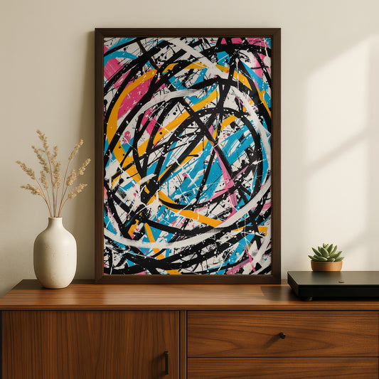 Abstract Expressionist Poster, Colourful Splatter Wall Art, Bold Black Brushstroke Art Print — styling mockup 2