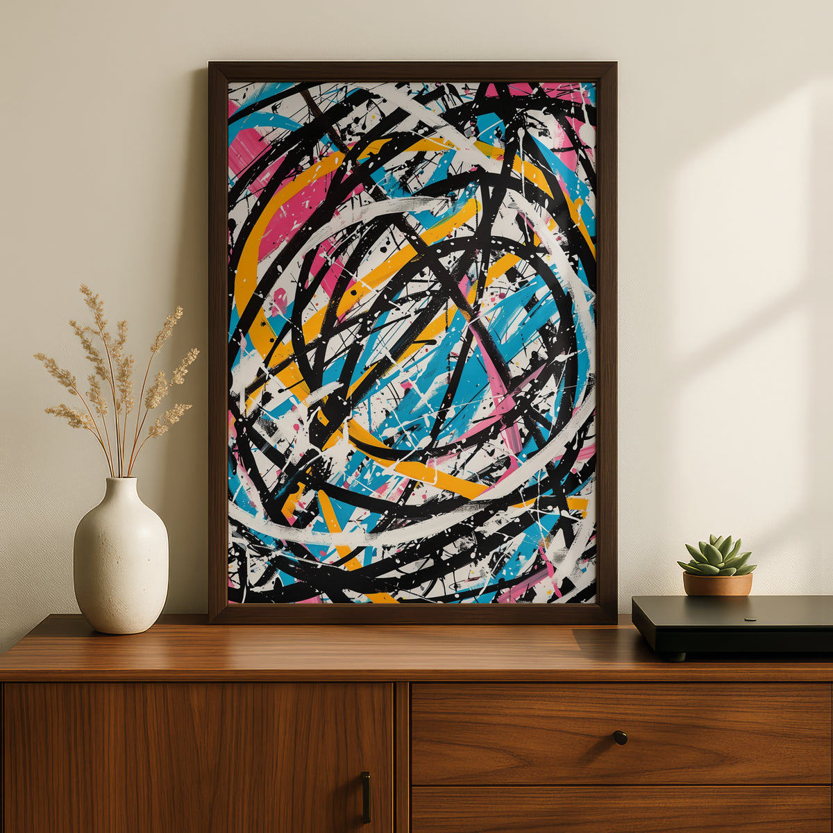 Abstract Expressionist Poster, Colourful Splatter Wall Art, Bold Black Brushstroke Art Print — styling mockup 2