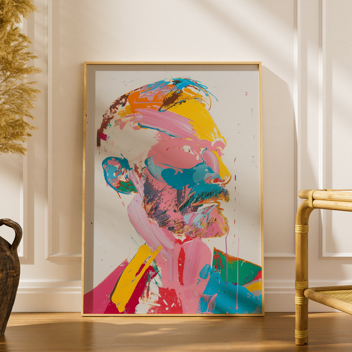 Abstract Portrait Poster, Colourful Expressionist Wall Art, Pink Yellow Blue Brushstroke Art Print — styling mockup 1