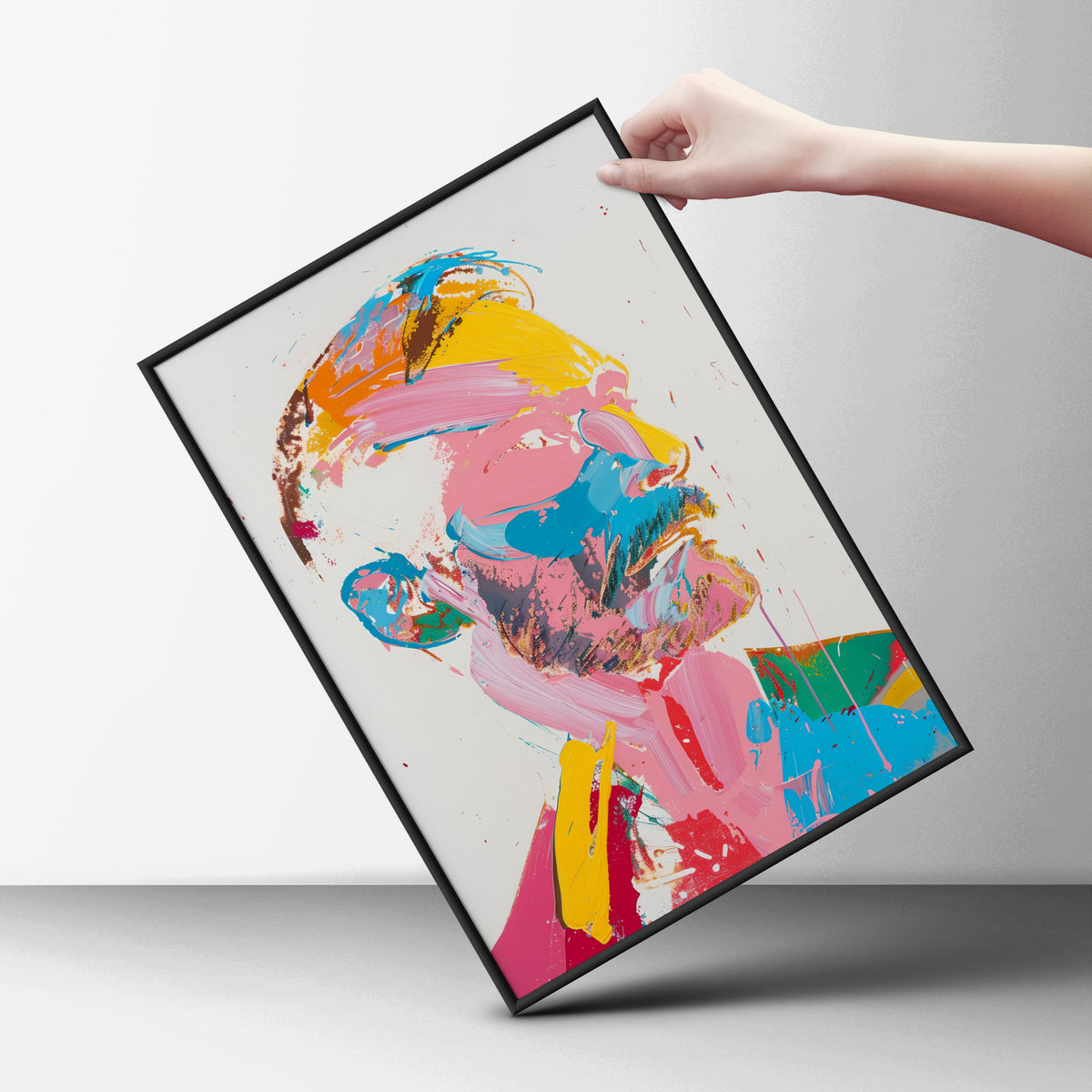 Abstract Portrait Poster, Colourful Expressionist Wall Art, Pink Yellow Blue Brushstroke Art Print — styling mockup 6