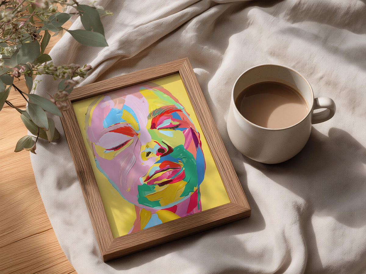 Colourful Abstract Face Portrait Poster, Pop Art Wall Art, Yellow Pink Palette Knife Art Print — styling mockup 3