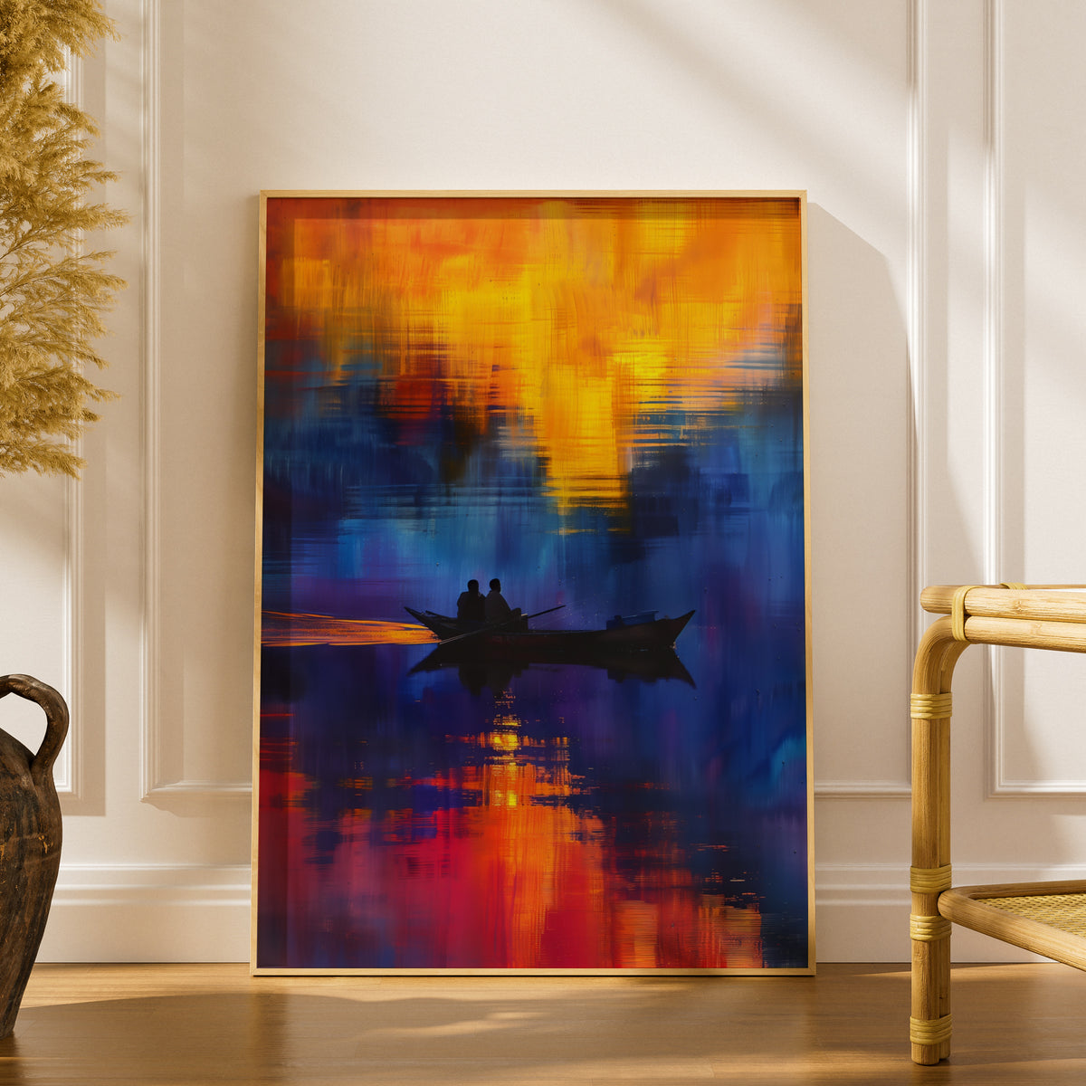 Sunset Boat Wall Art, Abstract Seascape Poster, Orange Blue Lake Print for Living Room, Bedroom — styling mockup 1
