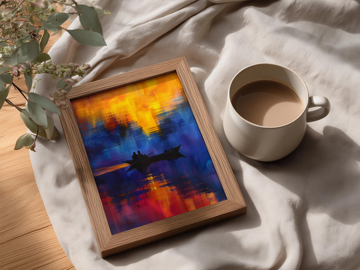 Sunset Boat Wall Art, Abstract Seascape Poster, Orange Blue Lake Print for Living Room, Bedroom — styling mockup 3