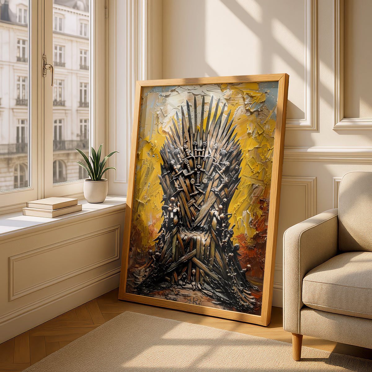 Sword Throne Wall Art, Yellow Palette Knife Oil Painting Print, Fantasy Poster for Living Room — styling mockup 4