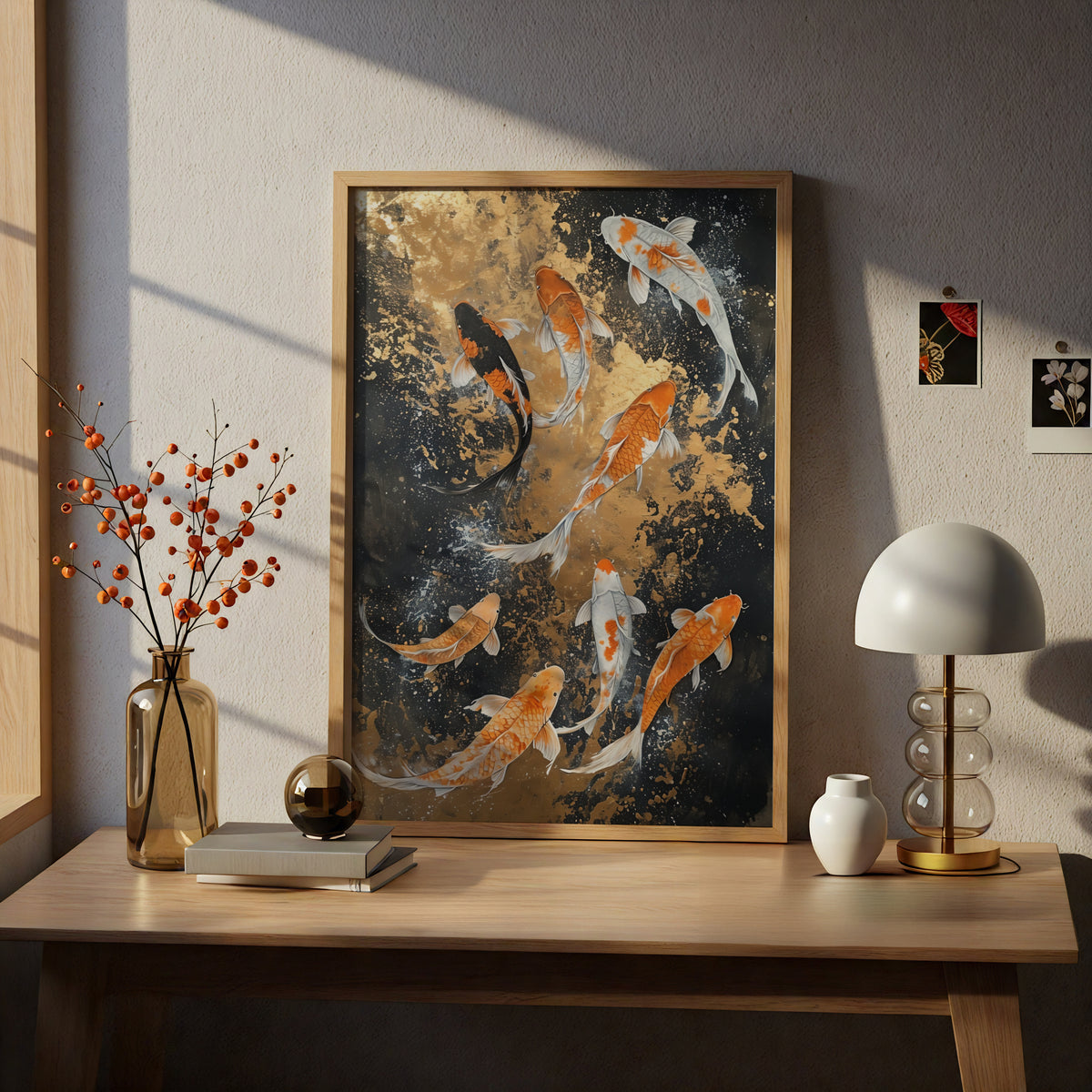 Koi Fish Poster, Orange and White Koi Wall Art, Black and Gold Japanese Art Print for Living Room — styling mockup 5
