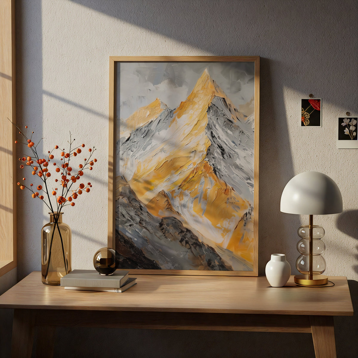 Golden Mountain Peak Oil Painting Print, Abstract Landscape Wall Art, Yellow Grey Textured Poster — styling mockup 5