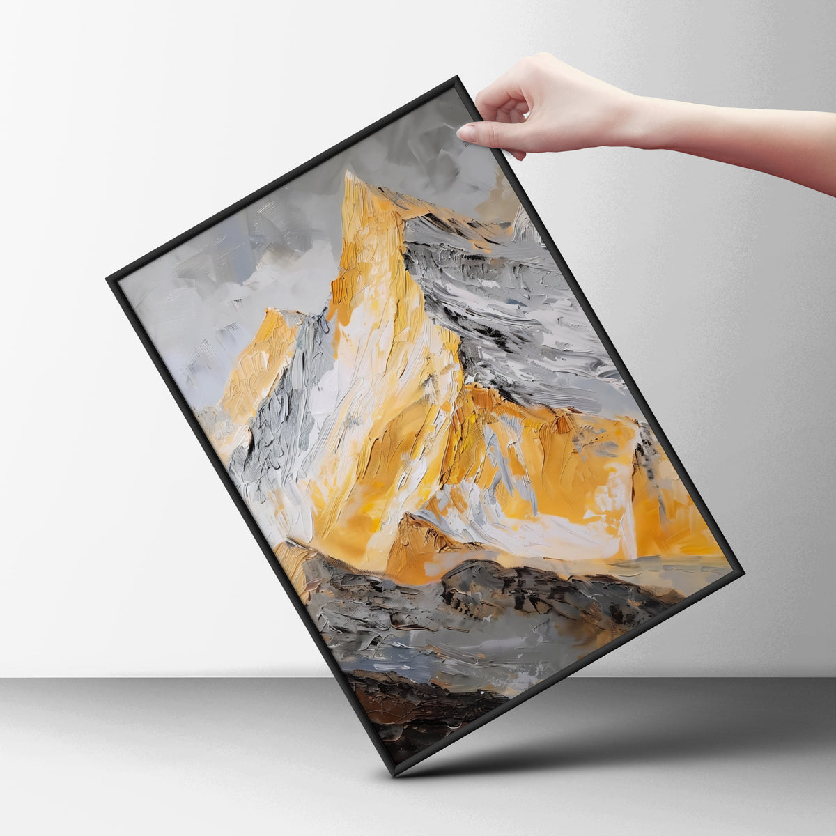 Golden Mountain Peak Oil Painting Print, Abstract Landscape Wall Art, Yellow Grey Textured Poster — styling mockup 6
