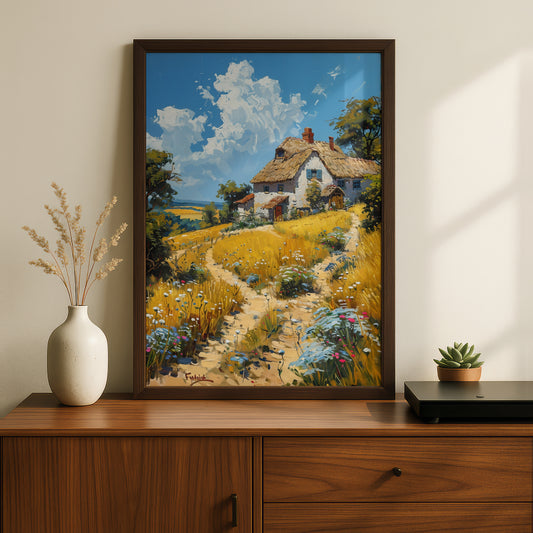 Thatched Cottage Oil Painting Poster, Countryside Wall Art Print, Wildflower Meadow, Living Room — styling mockup 2
