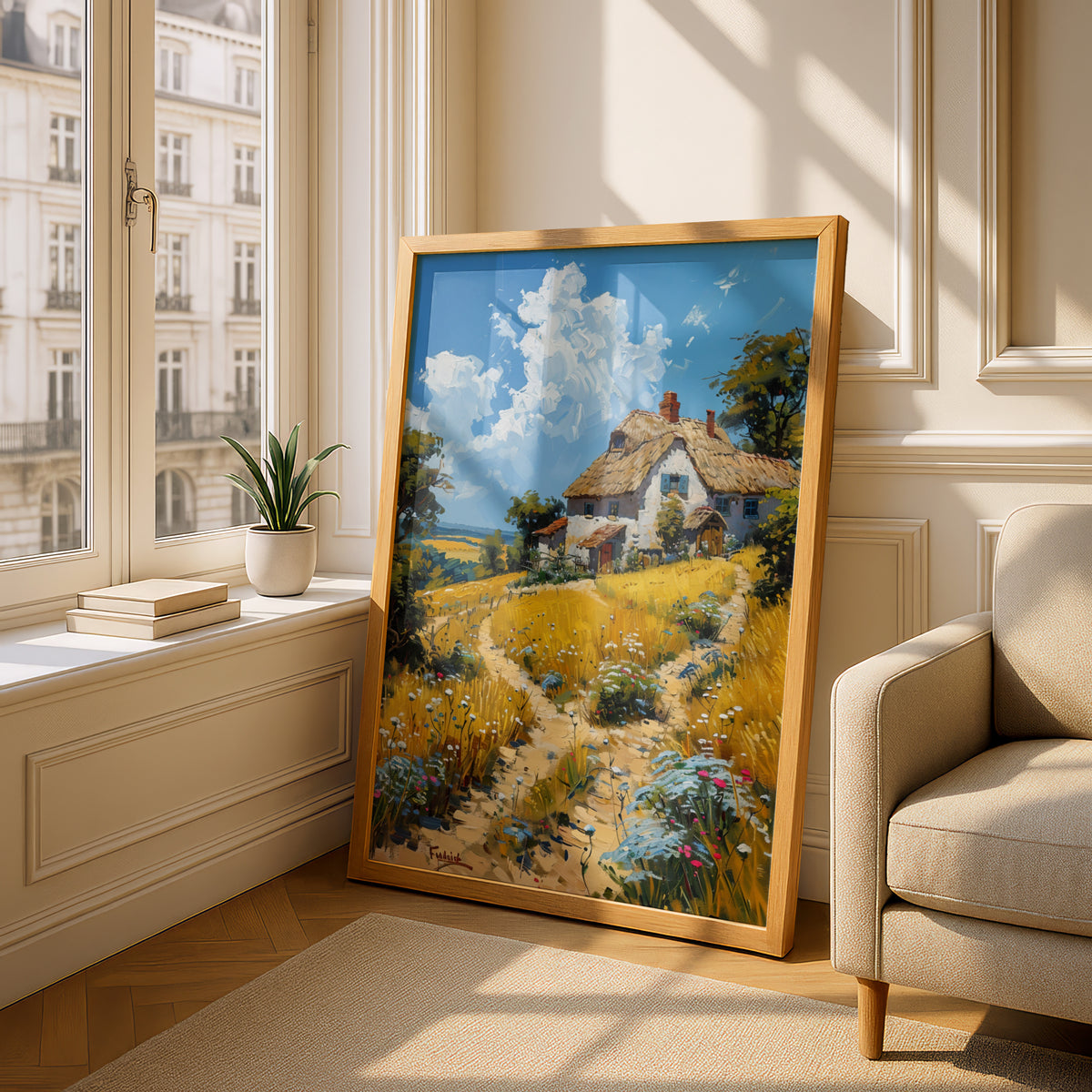 Thatched Cottage Oil Painting Poster, Countryside Wall Art Print, Wildflower Meadow, Living Room — styling mockup 4