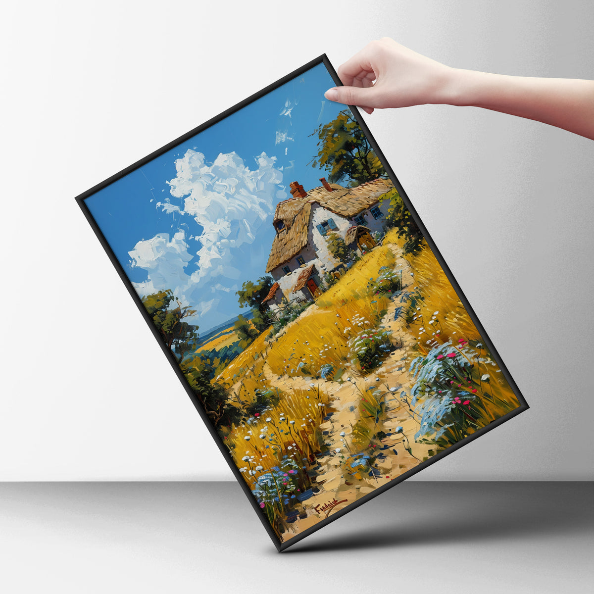 Thatched Cottage Oil Painting Poster, Countryside Wall Art Print, Wildflower Meadow, Living Room — styling mockup 6