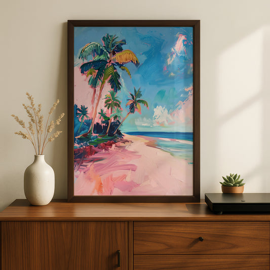 Pink Beach Palm Trees Wall Art, Tropical Coastal Poster, Colourful Seascape Art Print for Living — styling mockup 2